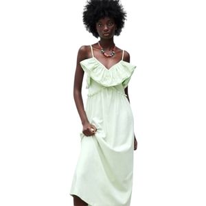 Zara Eyelet Ruffle Maxi /Midi  Dress Mint Green Cotton NWT